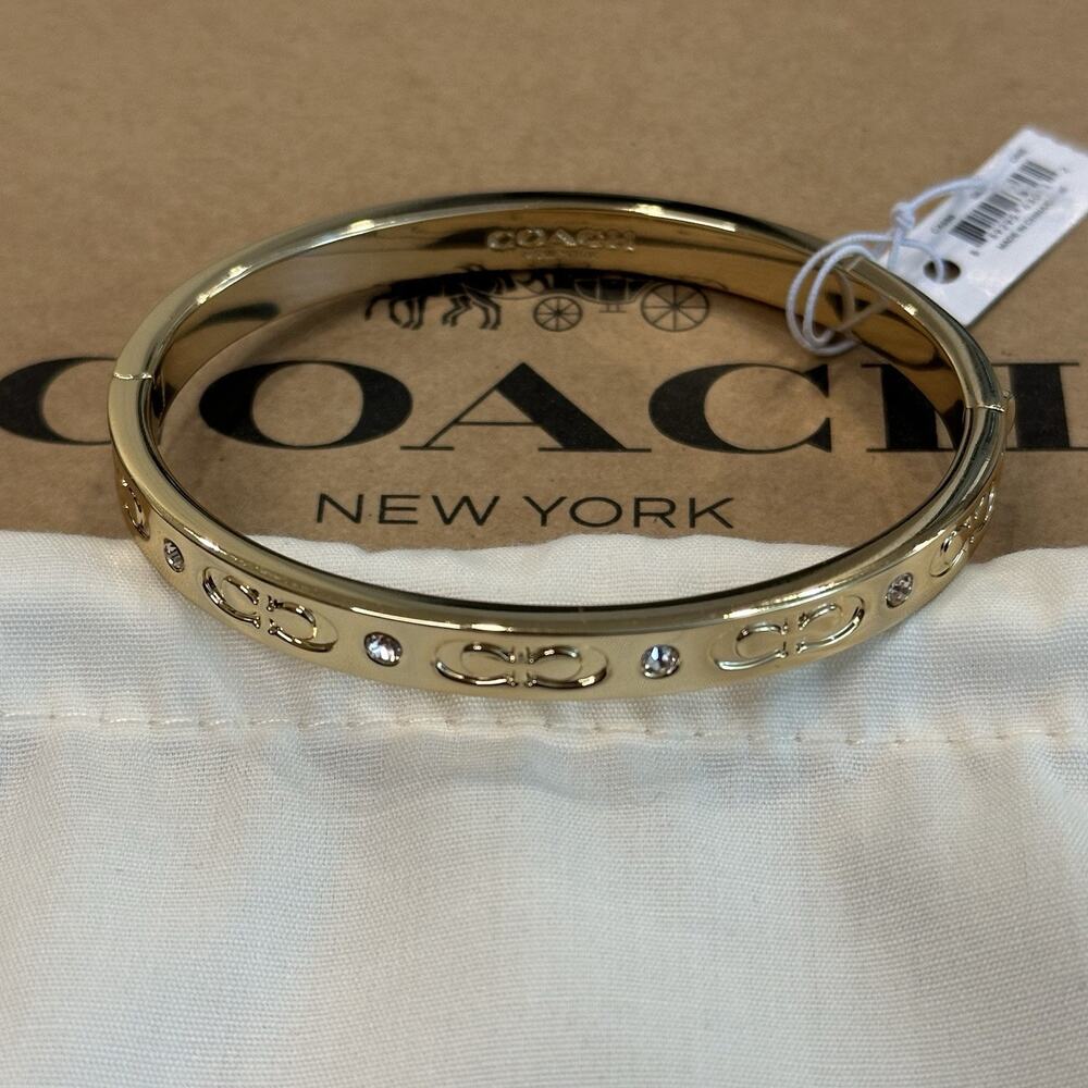 Coach “Kissing C” Signature Hinged Bangle Bracelet Jewelry Gold Rhinestone NWT